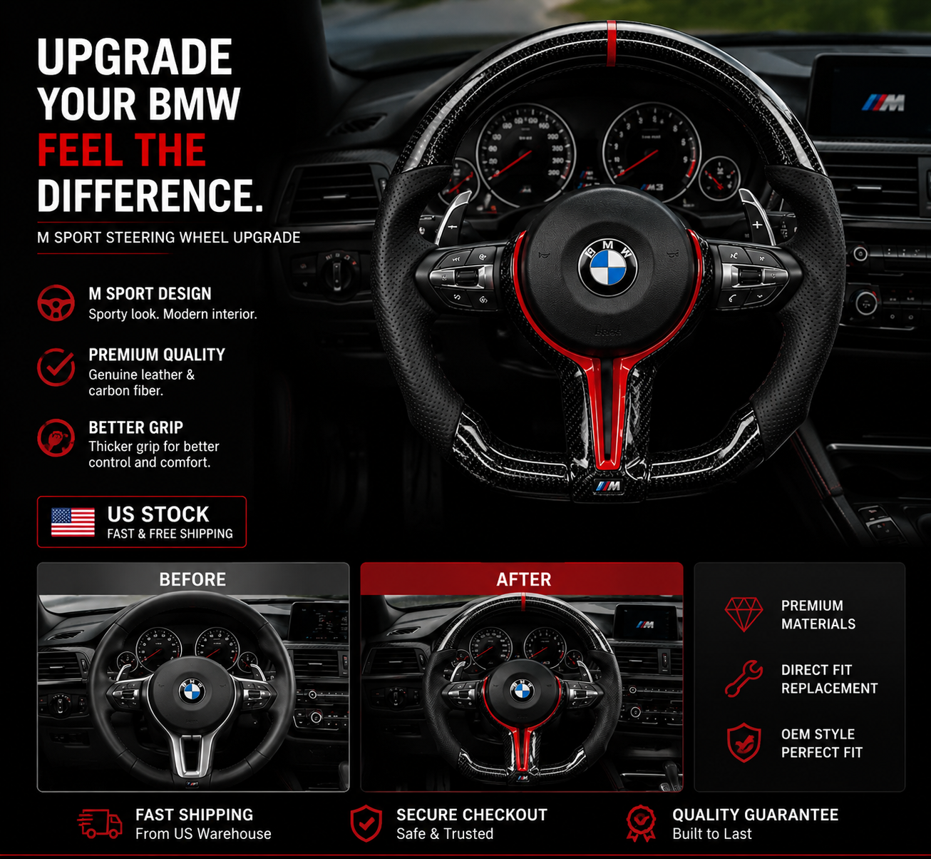 Premium Carbon Fiber & Red Accent Sport Steering Wheel for BMW M Series (F80 / F10 / F12 / F15 / F20 / F22 / F30 / F31 / F32 / F33 / F36 M3)